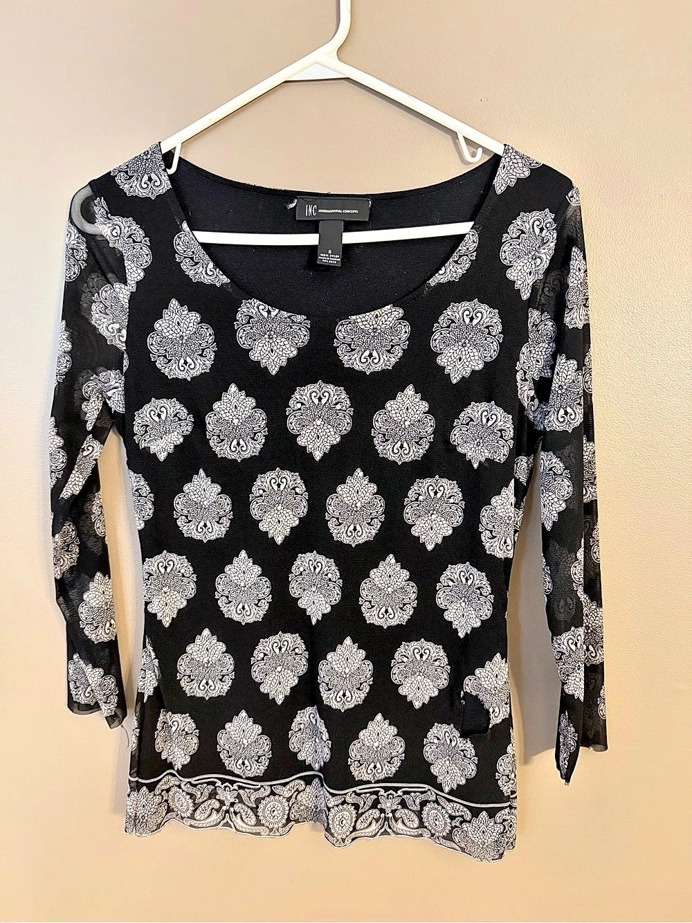 INC International Concepts Paisley 3/4 Sleeve Top in Black & White Size small